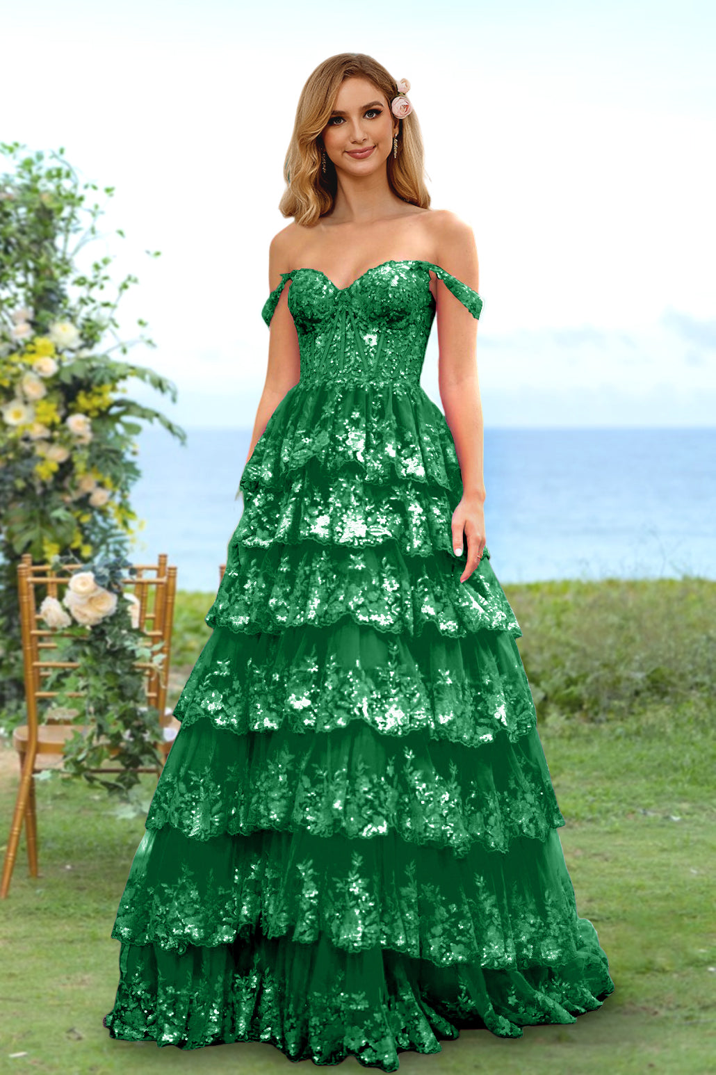 Robe de Soirée Longue à Fleurs, Coupe A-Line/Princesse, Décolleté en Cœur, Épaules Dénudées, avec Paillettes et Volants