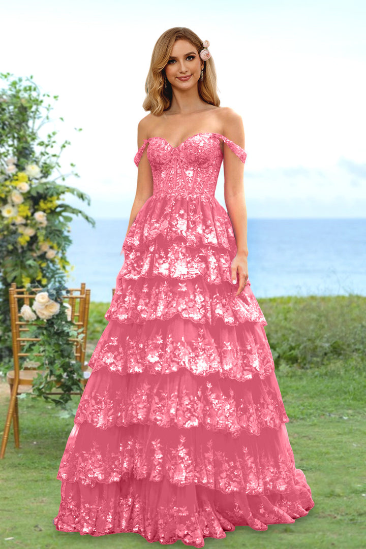 Robe de Soirée Longue à Fleurs, Coupe A-Line/Princesse, Décolleté en Cœur, Épaules Dénudées, avec Paillettes et Volants