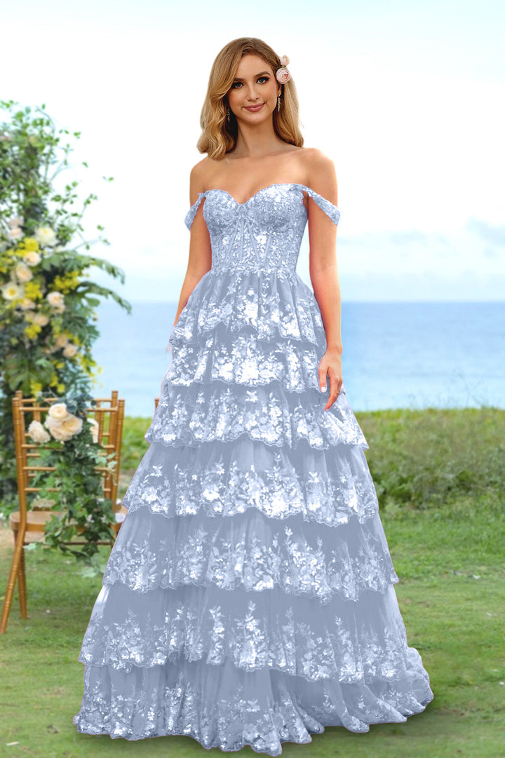 Robe de Soirée Longue à Fleurs, Coupe A-Line/Princesse, Décolleté en Cœur, Épaules Dénudées, avec Paillettes et Volants