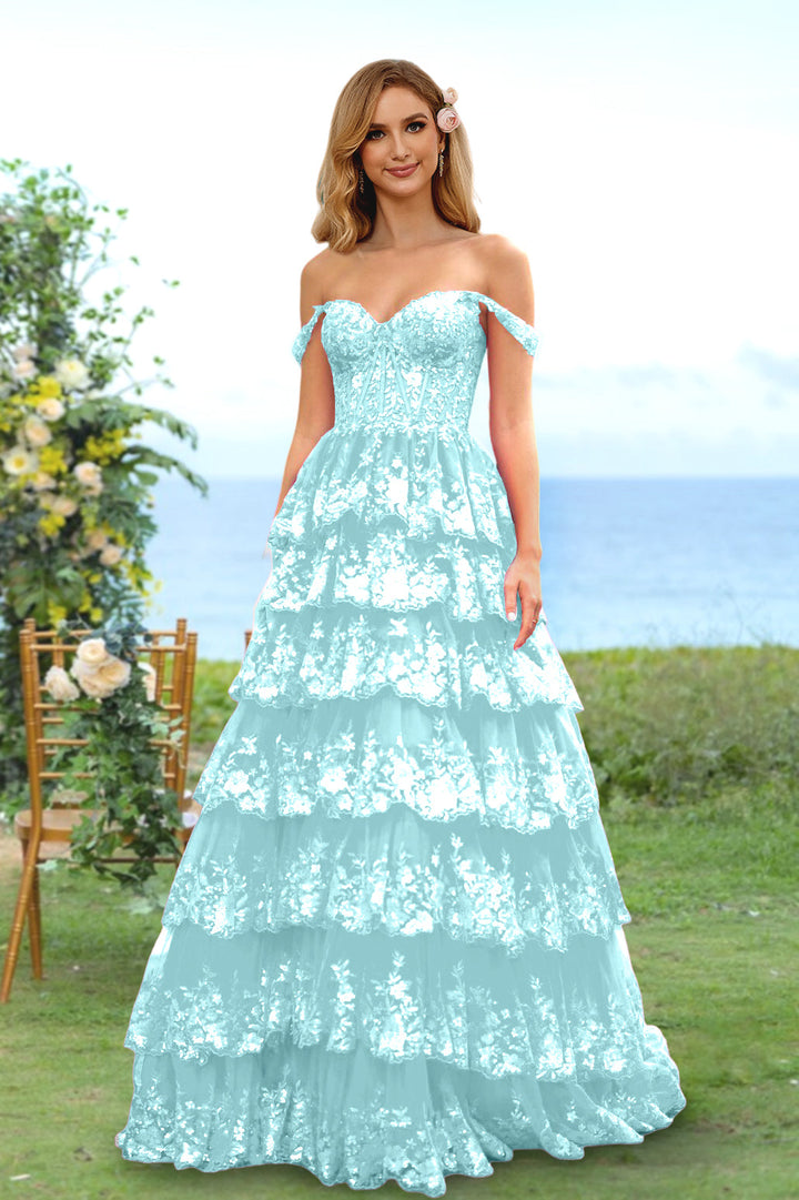 Robe de Soirée Longue à Fleurs, Coupe A-Line/Princesse, Décolleté en Cœur, Épaules Dénudées, avec Paillettes et Volants
