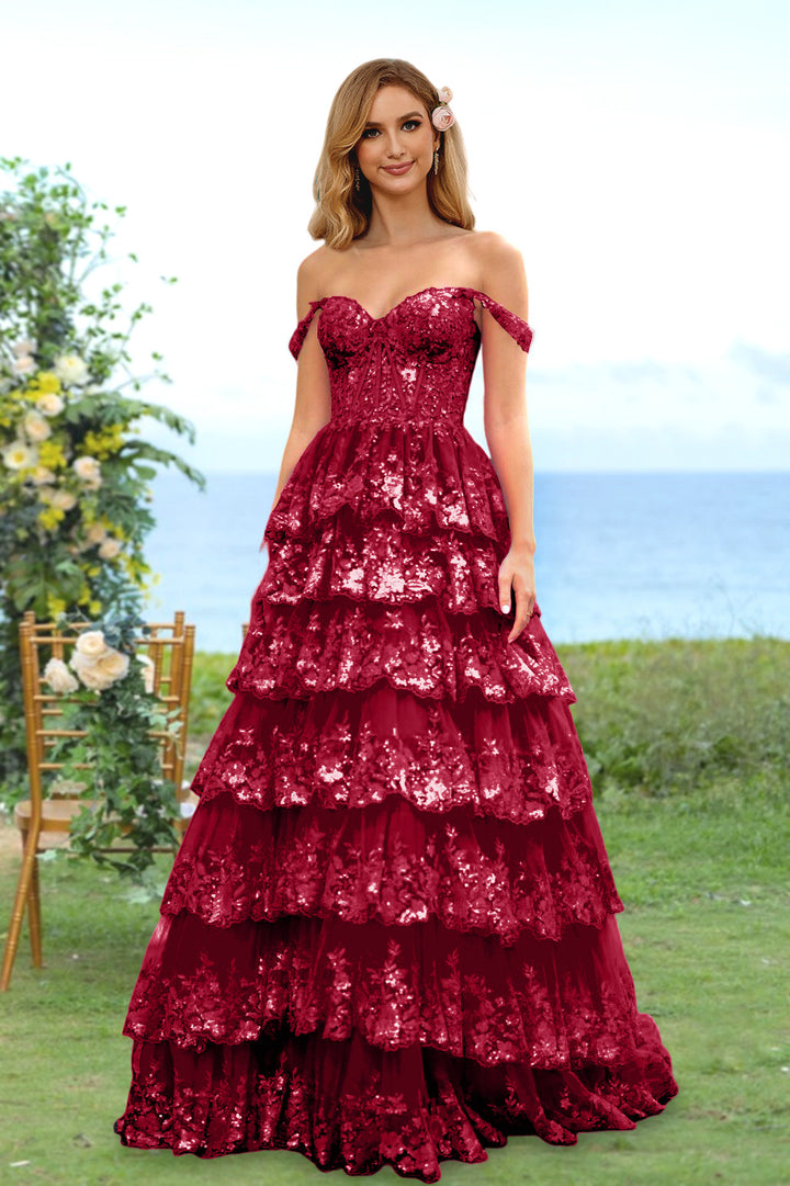 Robe de Soirée Longue à Fleurs, Coupe A-Line/Princesse, Décolleté en Cœur, Épaules Dénudées, avec Paillettes et Volants