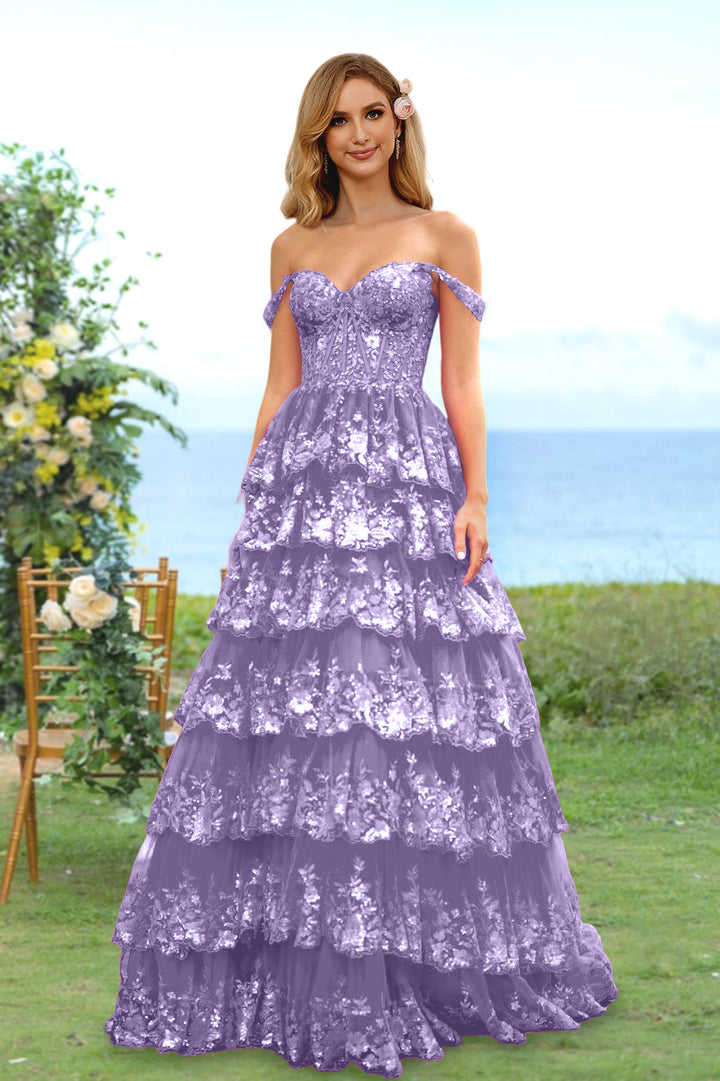 Robe de Soirée Longue à Fleurs, Coupe A-Line/Princesse, Décolleté en Cœur, Épaules Dénudées, avec Paillettes et Volants