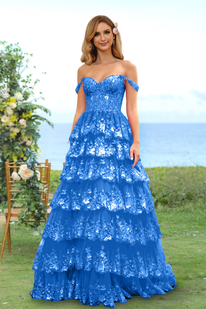 Robe de Soirée Longue à Fleurs, Coupe A-Line/Princesse, Décolleté en Cœur, Épaules Dénudées, avec Paillettes et Volants