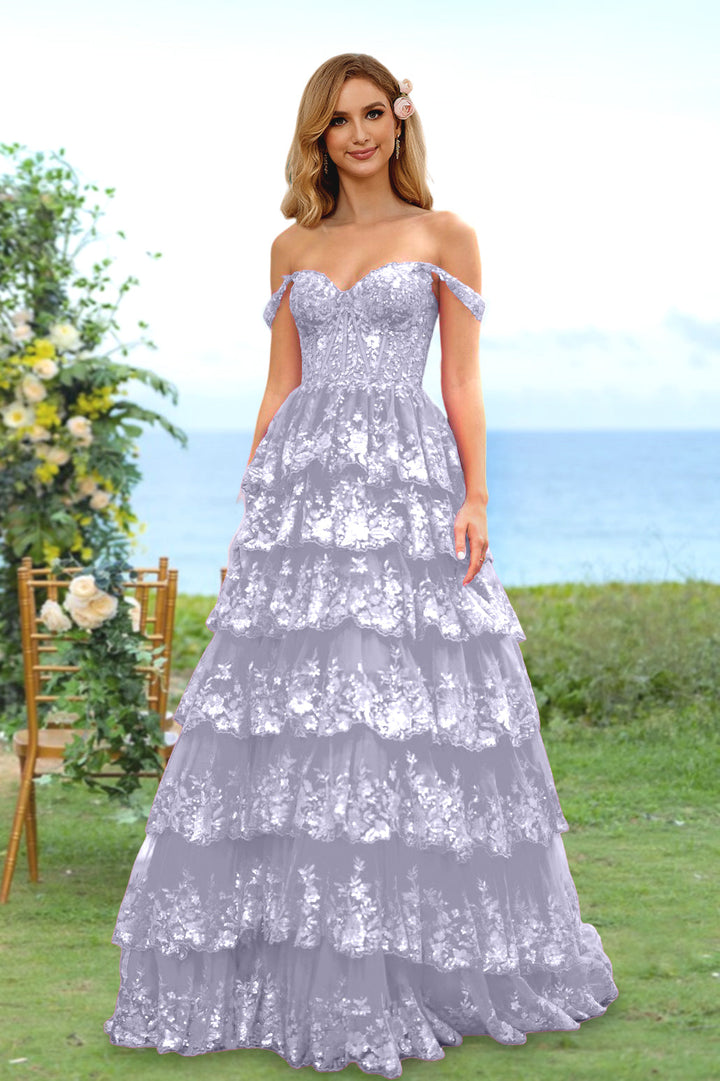 Robe de Soirée Longue à Fleurs, Coupe A-Line/Princesse, Décolleté en Cœur, Épaules Dénudées, avec Paillettes et Volants
