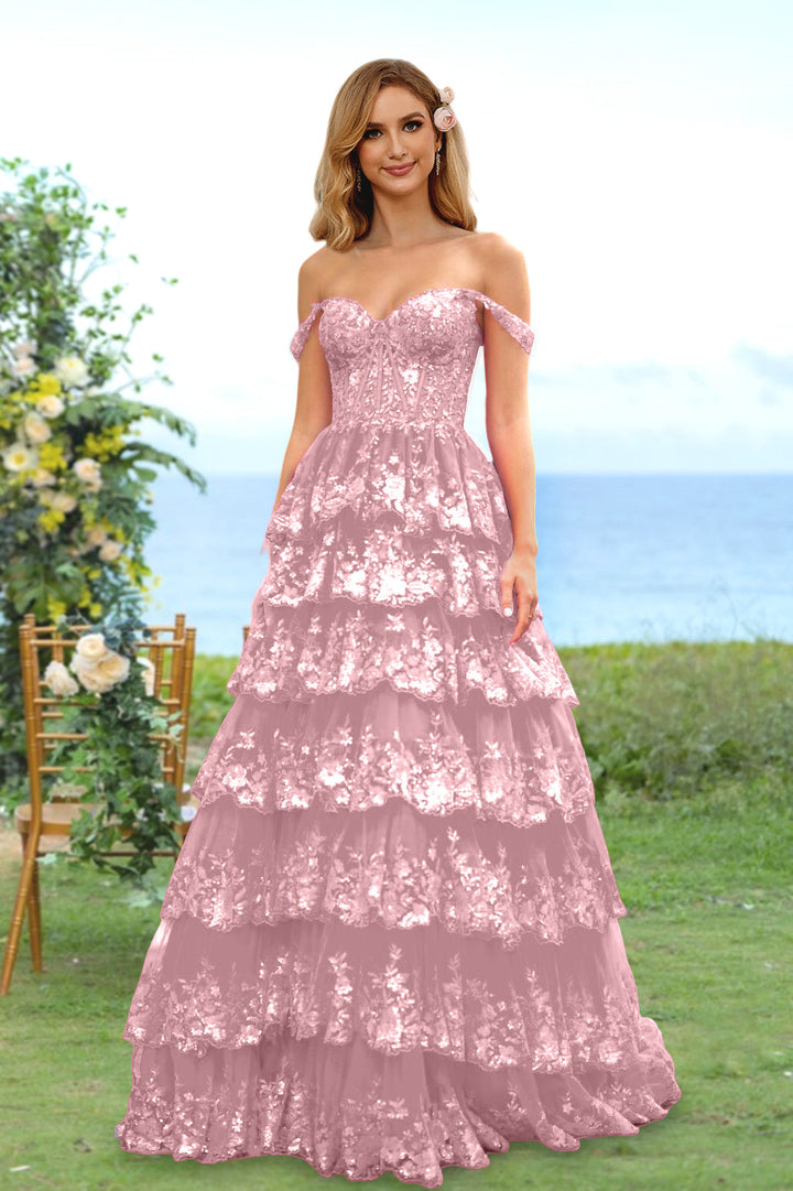 Robe de Soirée Longue à Fleurs, Coupe A-Line/Princesse, Décolleté en Cœur, Épaules Dénudées, avec Paillettes et Volants