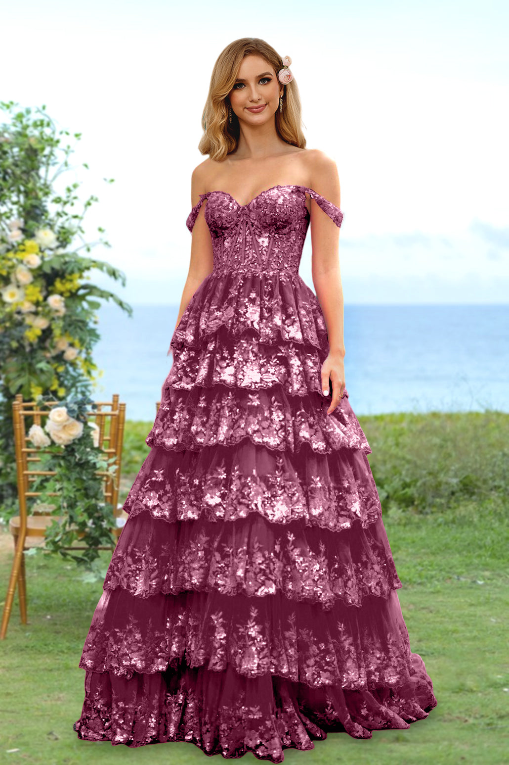 Robe de Soirée Longue à Fleurs, Coupe A-Line/Princesse, Décolleté en Cœur, Épaules Dénudées, avec Paillettes et Volants