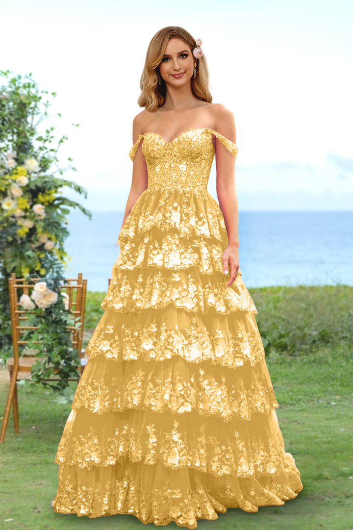 Robe de Soirée Longue à Fleurs, Coupe A-Line/Princesse, Décolleté en Cœur, Épaules Dénudées, avec Paillettes et Volants