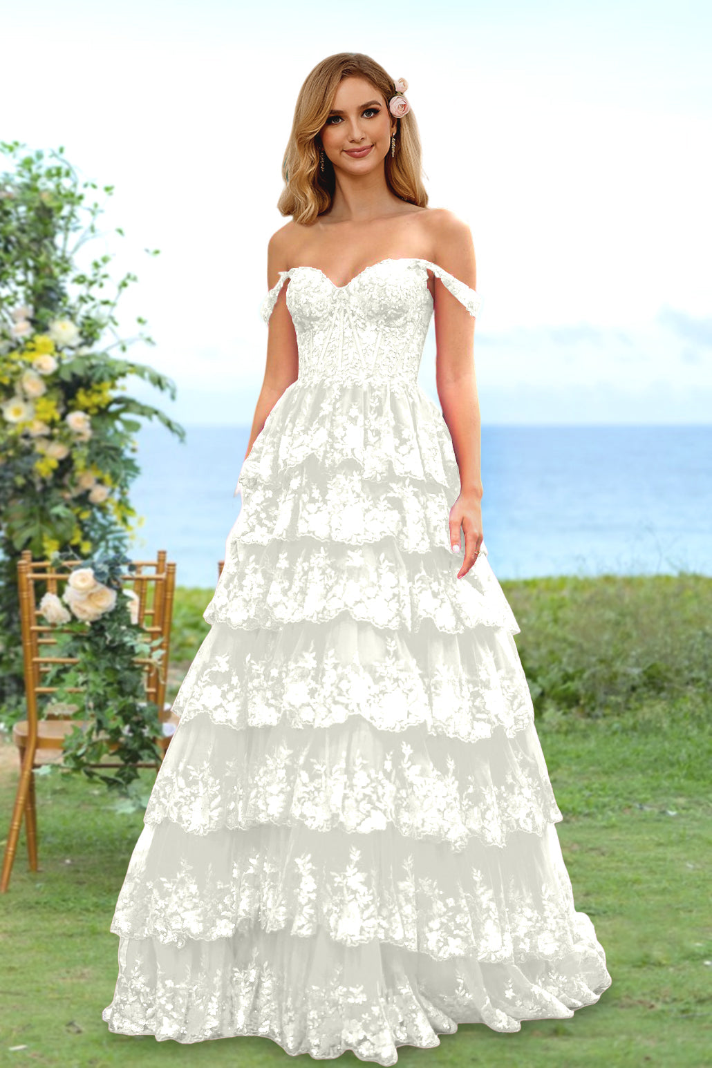Robe de Soirée Longue à Fleurs, Coupe A-Line/Princesse, Décolleté en Cœur, Épaules Dénudées, avec Paillettes et Volants