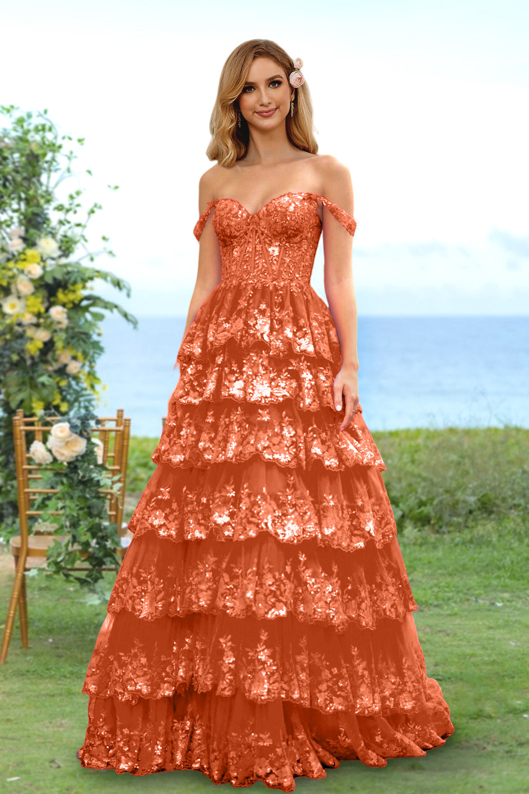 Robe de Soirée Longue à Fleurs, Coupe A-Line/Princesse, Décolleté en Cœur, Épaules Dénudées, avec Paillettes et Volants