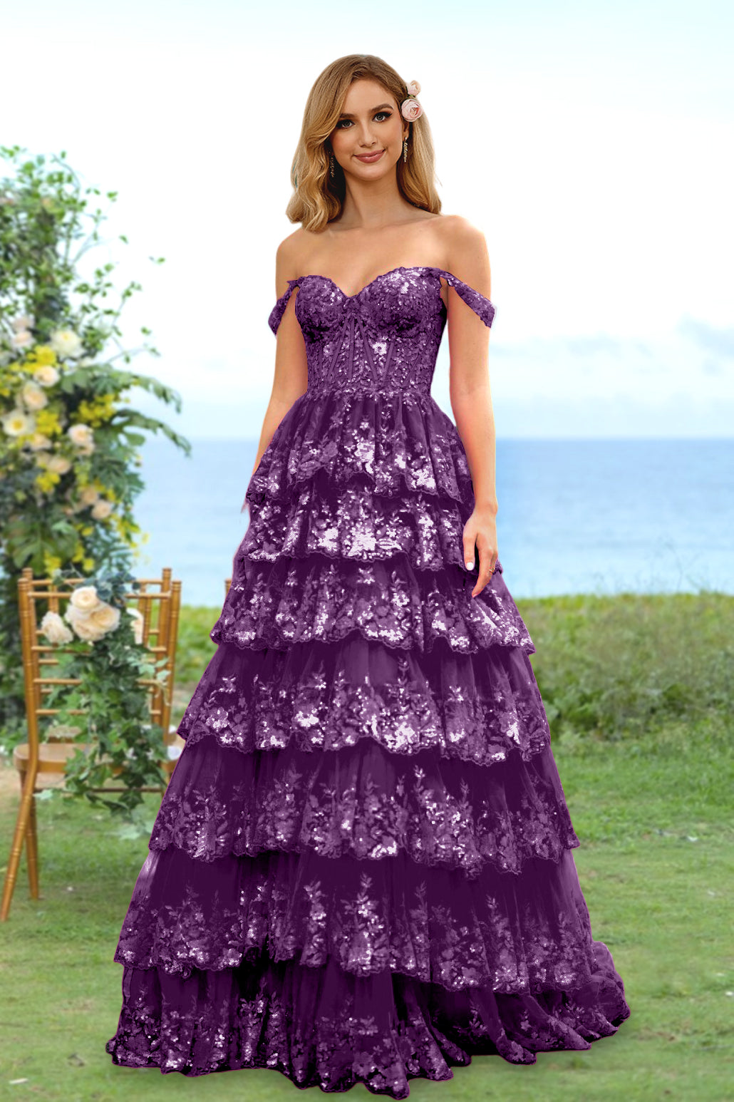 Robe de Soirée Longue à Fleurs, Coupe A-Line/Princesse, Décolleté en Cœur, Épaules Dénudées, avec Paillettes et Volants