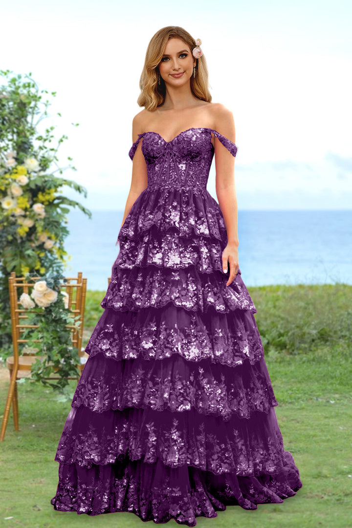 Robe de Soirée Longue à Fleurs, Coupe A-Line/Princesse, Décolleté en Cœur, Épaules Dénudées, avec Paillettes et Volants