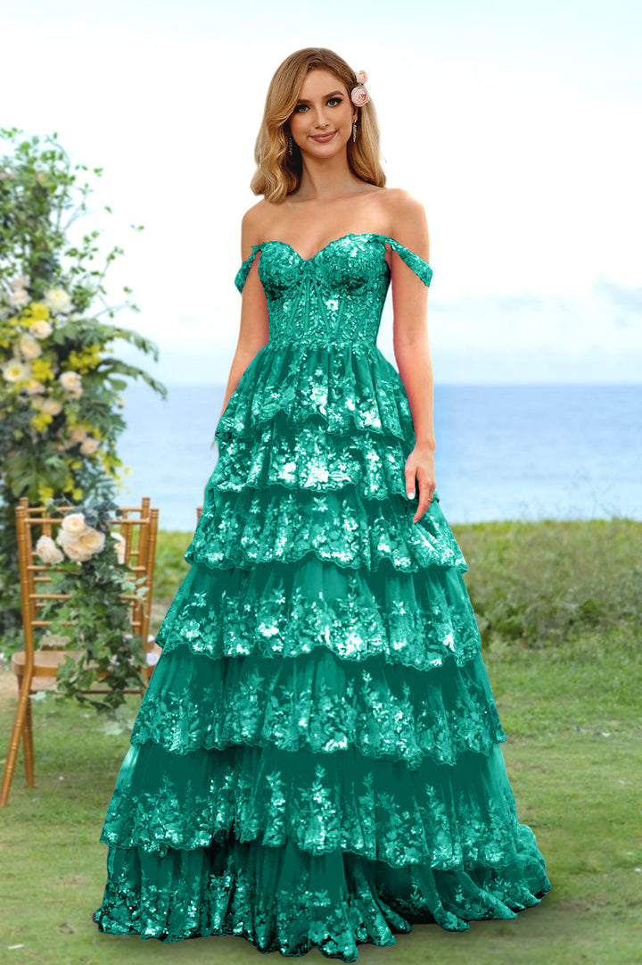 Robe de Soirée Longue à Fleurs, Coupe A-Line/Princesse, Décolleté en Cœur, Épaules Dénudées, avec Paillettes et Volants