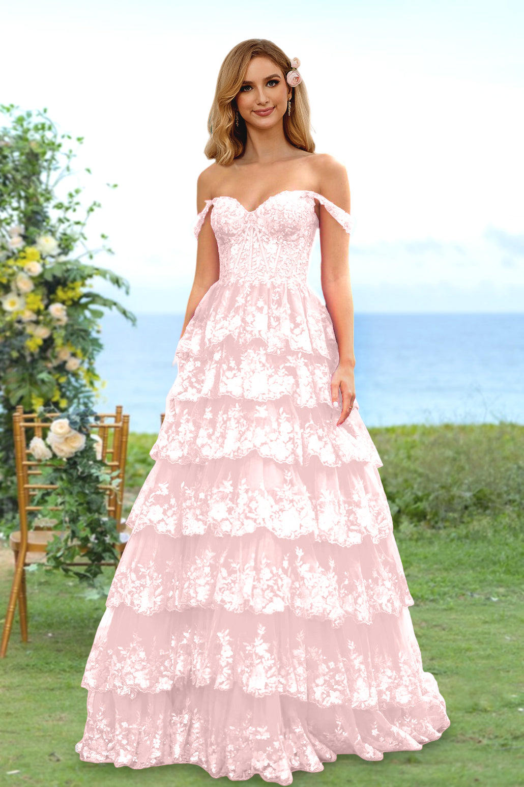 Robe de Soirée Longue à Fleurs, Coupe A-Line/Princesse, Décolleté en Cœur, Épaules Dénudées, avec Paillettes et Volants