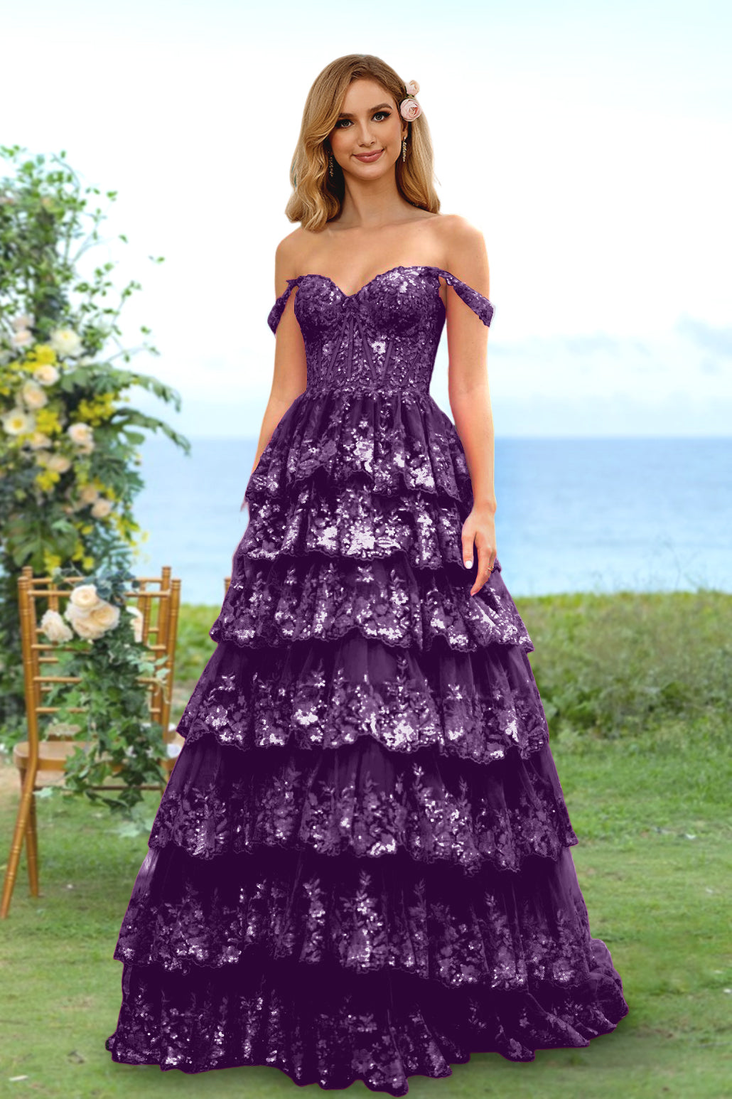 Robe de Soirée Longue à Fleurs, Coupe A-Line/Princesse, Décolleté en Cœur, Épaules Dénudées, avec Paillettes et Volants