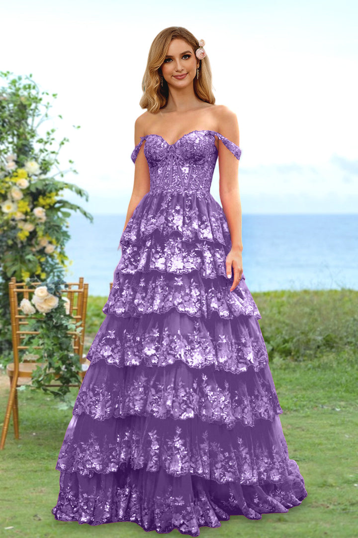 Robe de Soirée Longue à Fleurs, Coupe A-Line/Princesse, Décolleté en Cœur, Épaules Dénudées, avec Paillettes et Volants