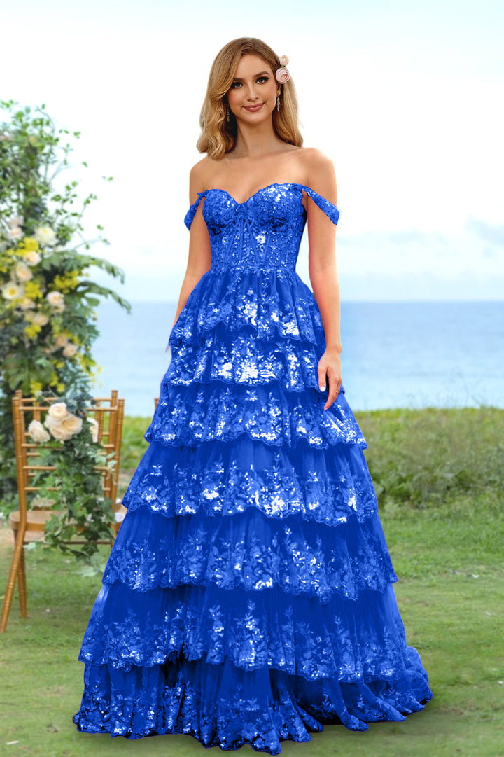 Robe de Soirée Longue à Fleurs, Coupe A-Line/Princesse, Décolleté en Cœur, Épaules Dénudées, avec Paillettes et Volants