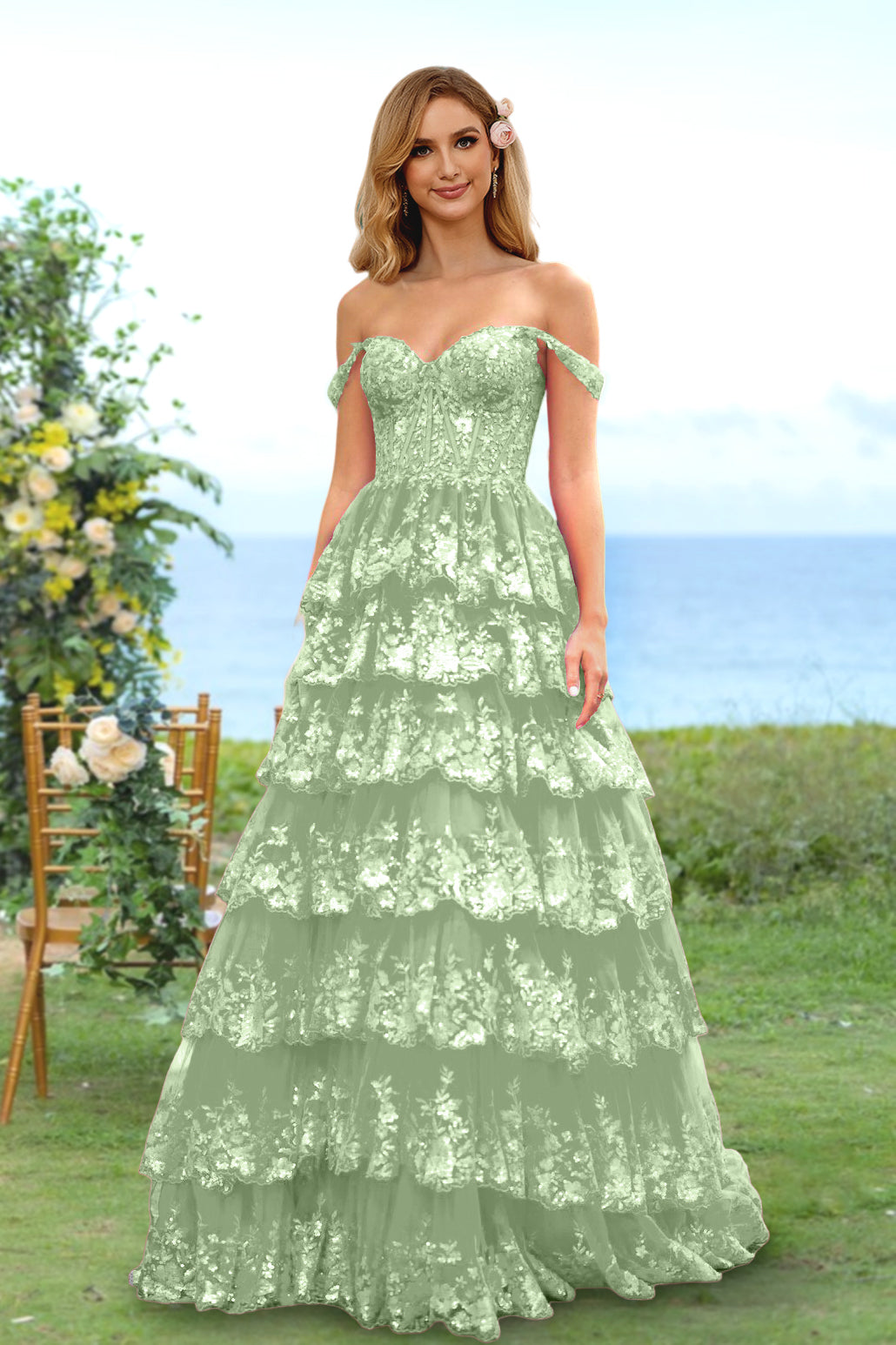 Robe de Soirée Longue à Fleurs, Coupe A-Line/Princesse, Décolleté en Cœur, Épaules Dénudées, avec Paillettes et Volants