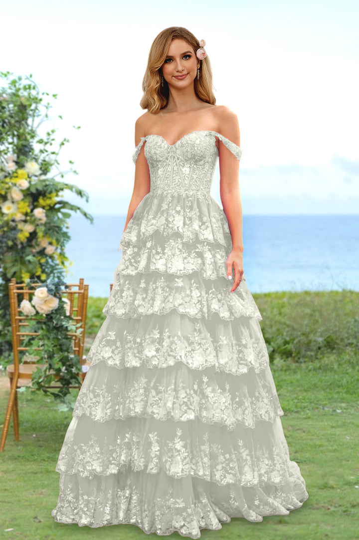 Robe de Soirée Longue à Fleurs, Coupe A-Line/Princesse, Décolleté en Cœur, Épaules Dénudées, avec Paillettes et Volants