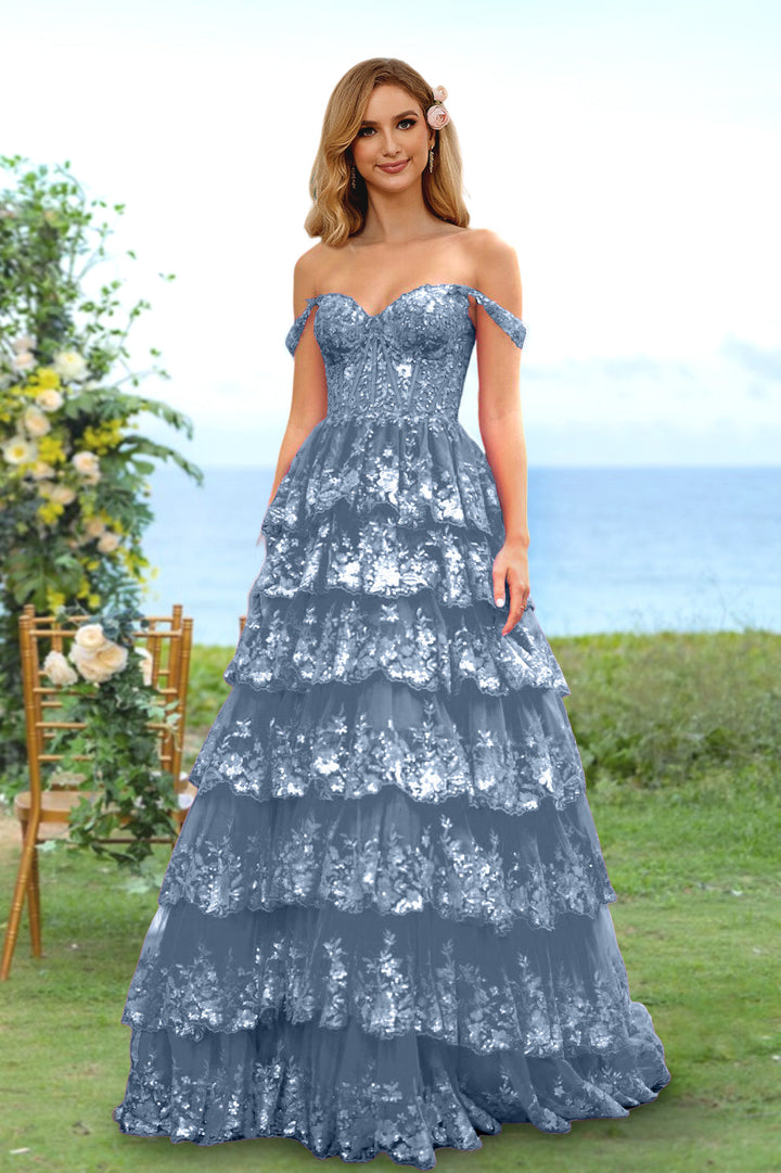 Robe de Soirée Longue à Fleurs, Coupe A-Line/Princesse, Décolleté en Cœur, Épaules Dénudées, avec Paillettes et Volants