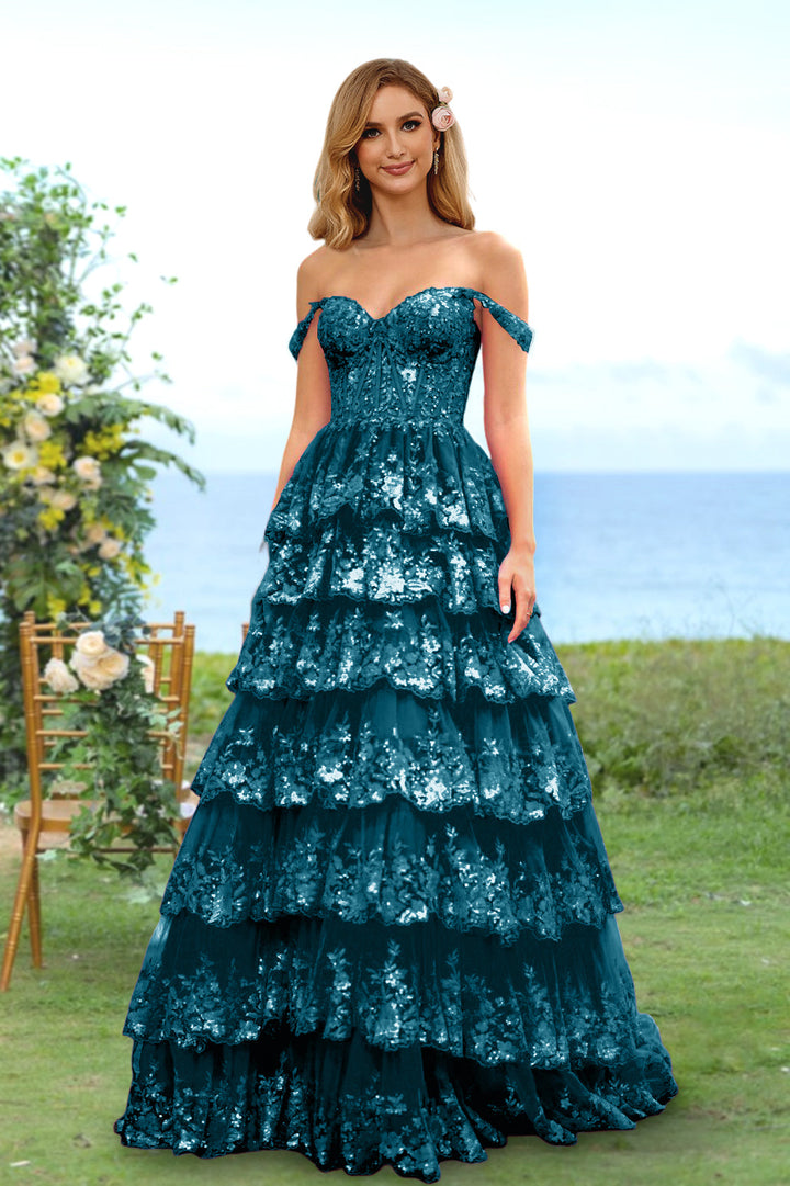 Robe de Soirée Longue à Fleurs, Coupe A-Line/Princesse, Décolleté en Cœur, Épaules Dénudées, avec Paillettes et Volants
