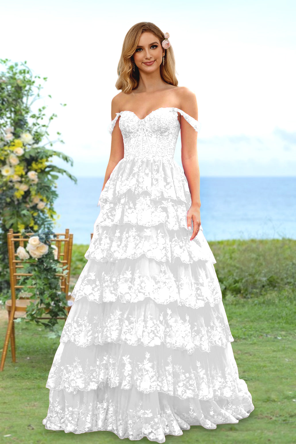Robe de Soirée Longue à Fleurs, Coupe A-Line/Princesse, Décolleté en Cœur, Épaules Dénudées, avec Paillettes et Volants