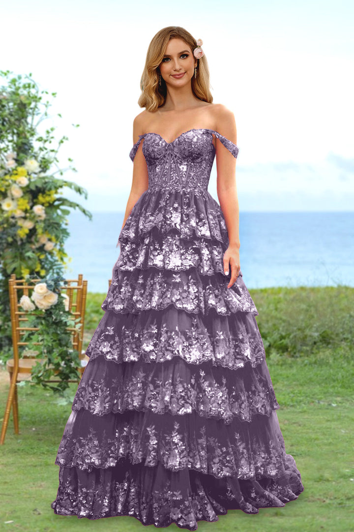 Robe de Soirée Longue à Fleurs, Coupe A-Line/Princesse, Décolleté en Cœur, Épaules Dénudées, avec Paillettes et Volants