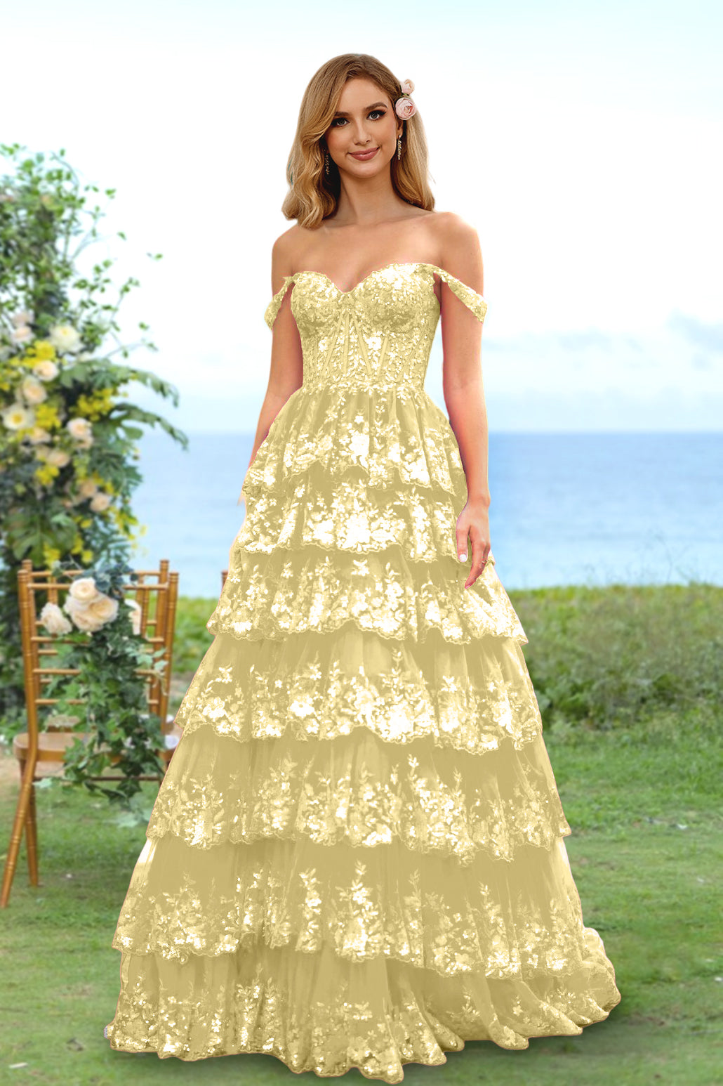 Robe de Soirée Longue à Fleurs, Coupe A-Line/Princesse, Décolleté en Cœur, Épaules Dénudées, avec Paillettes et Volants