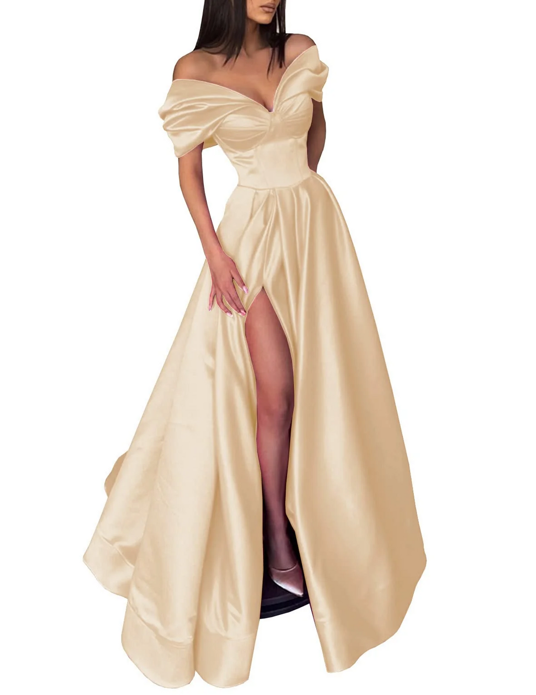 Robe de Bal Longue à Épaules Dénudées et Coupe Princesse avec Fente Sur le Côté