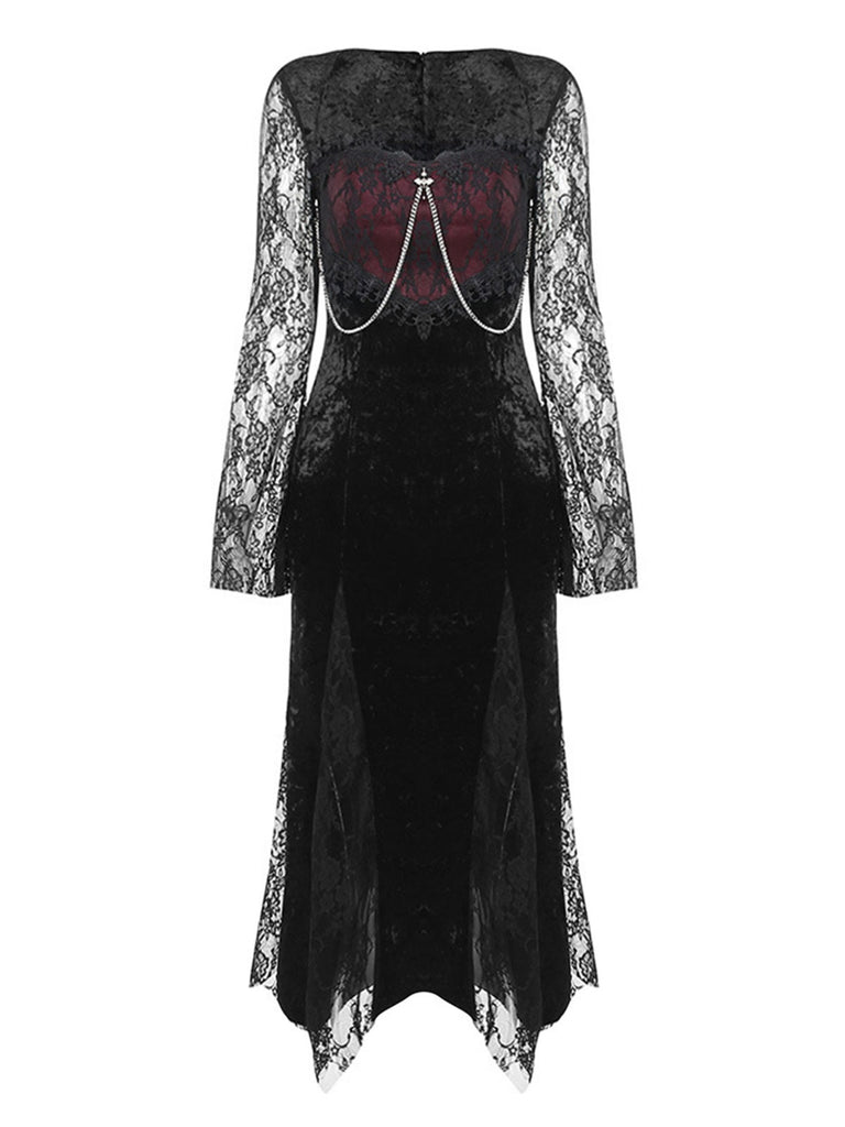 Robe de Costume D'Halloween à Manches Longues et Col Carré, Coupe A-Line/Princesse, Longueur Cheville, avec Dentelle