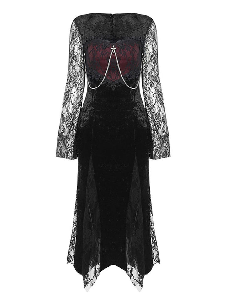 Robe de Costume D'Halloween à Manches Longues et Col Carré, Coupe A-Line/Princesse, Longueur Cheville, avec Dentelle