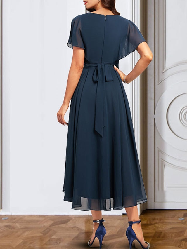 Robe de Mère de la Mariée en Mousseline de Soie à Col en V et Manches Courtes avec Ceinture