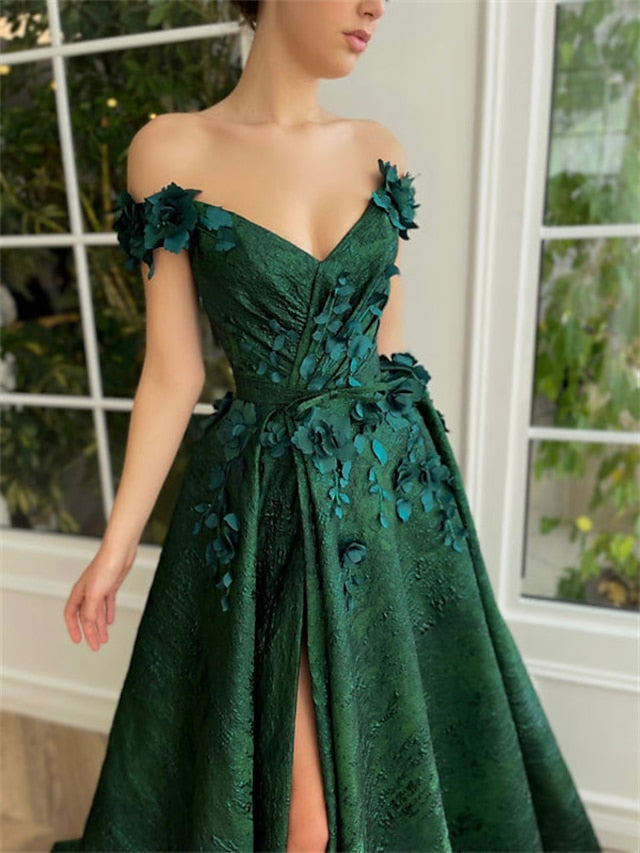 Robe de Bal Longue à Fleurs, Coupe A-Line/Princesse, Épaules Dénudées, Sans Manches, Longueur Au Sol, avec Appliques Latérales Fendues