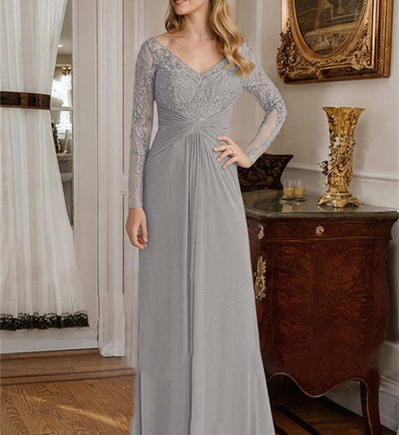 Robe de Mère de la Mariée Coupe A-Line/Princess à Col en V et Longueur Au Sol avec Volants en Dentelle