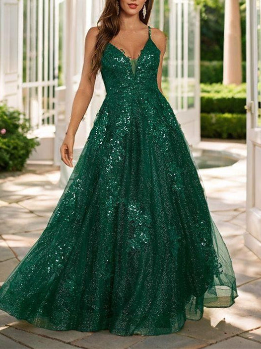Robe de Bal Longue à Bretelles Spaghetti de Forme Trapèze/Princesse