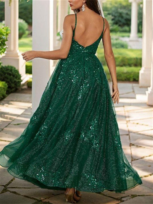 Robe de Bal Longue à Bretelles Spaghetti de Forme Trapèze/Princesse