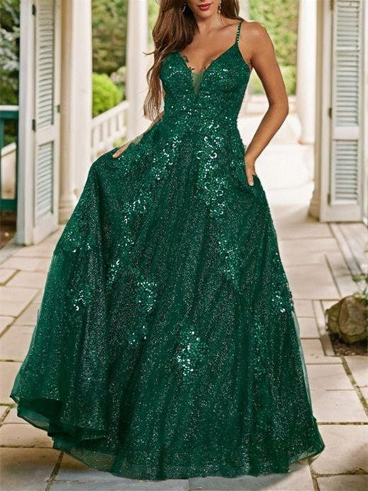 Robe de Bal Longue à Bretelles Spaghetti de Forme Trapèze/Princesse