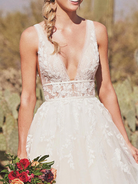 Robe de Mariée Longue Au Sol à Col en V et Coupe A-Line/Princesse