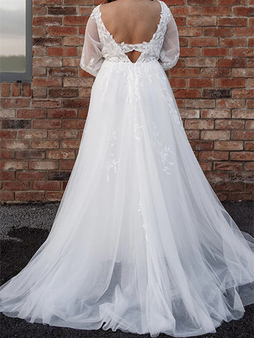 Robe de Mariée Longue Au Sol à Col en V et Coupe A-Line/Princesse