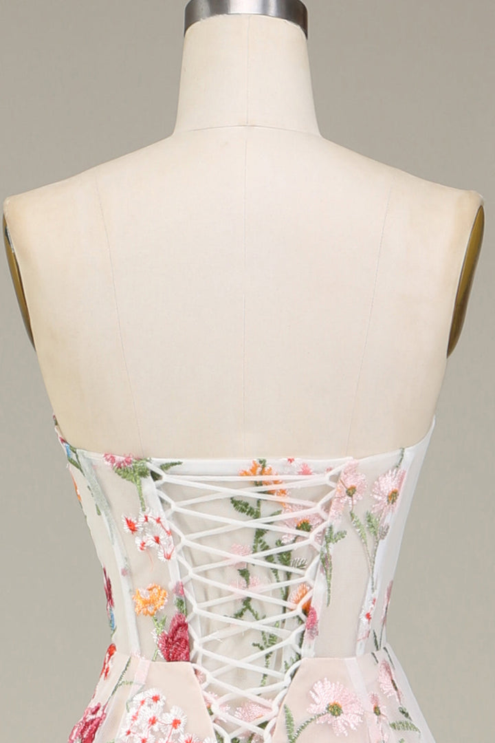 Robe de Soirée Trapèze/Princesse à Fleurs, Sans Bretelles, Longueur Au Sol, avec Broderies