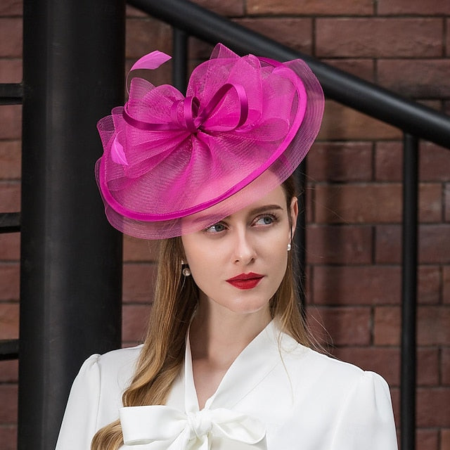 Fascinators Tulle Net Wedding Tea Party Élégant avec Plume Bowknot Coiffe