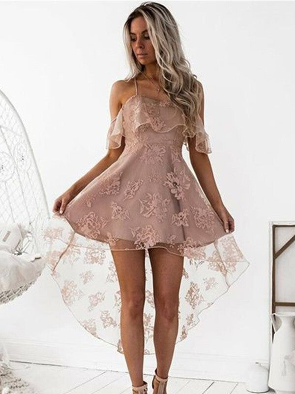 Robe de Soirée Trapèze en Dentelle Sans Manches à Épaules Dénudées