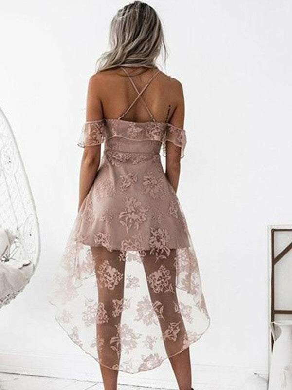 Robe de Soirée Trapèze en Dentelle Sans Manches à Épaules Dénudées