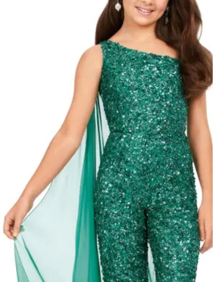 Combinaisons Asymétriques Sans Manches pour Filles avec Paillettes et Traîne Watteau