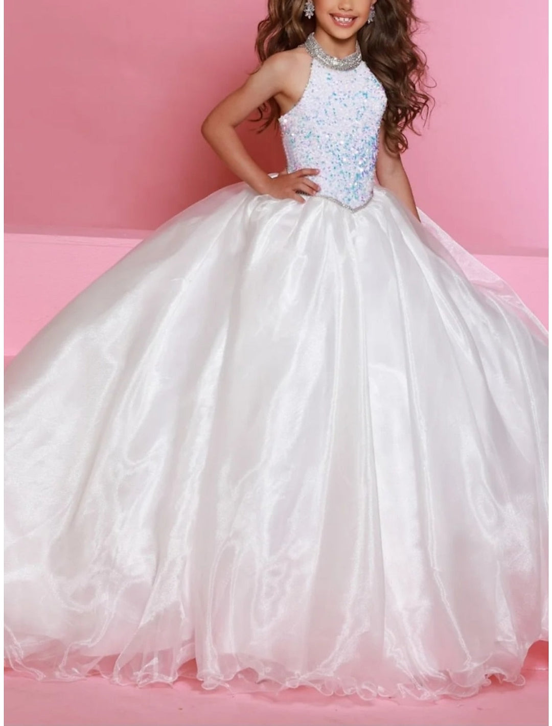 Robe de Demoiselle D'Honneur en Tulle à Col Licou et Coupe Princesse avec Paillettes et Perles