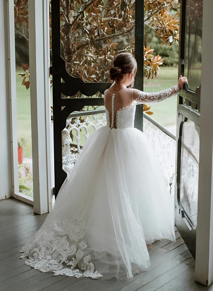 Robe de Demoiselle D'Honneur en Tulle à Col Transparent et Coupe A-Line/Princess avec Appliques