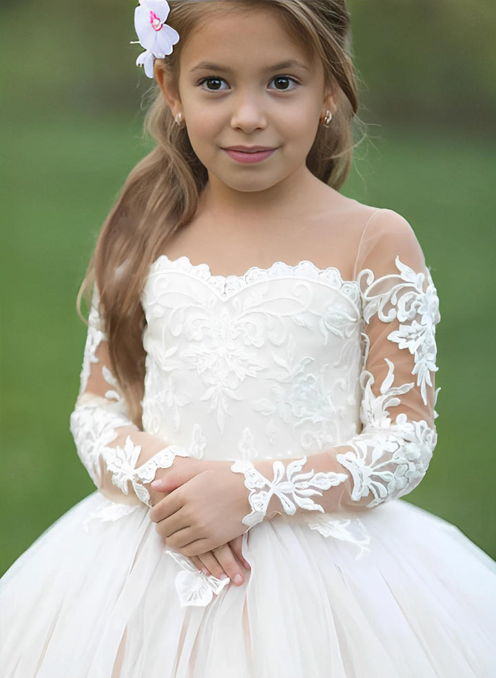 Robe de Demoiselle D'Honneur en Tulle à Col Transparent et Coupe A-Line/Princess avec Appliques