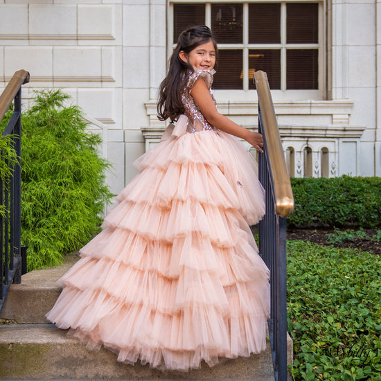 Robe de Bal à Paillettes pour Fille de Fleur avec Volants et Nœud