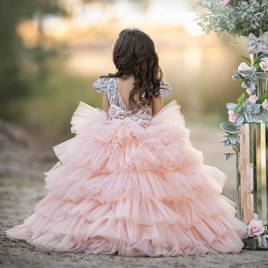 Robe de Bal à Paillettes pour Fille de Fleur avec Volants et Nœud