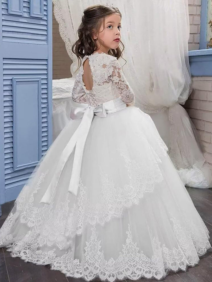 Robe de Bal à Encolure Dégagée et Manches Longues pour Demoiselle D'Honneur avec Appliques en Dentelle et Nœud