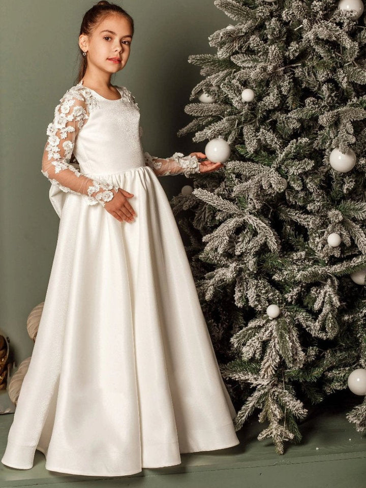 Robes de Demoiselle D'Honneur A-Line/Princess à Col Rond et Manches Longues avec Appliques